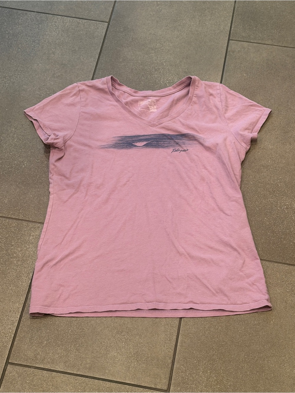Patagonia Pink V-Neck Tee with Navy Graphic